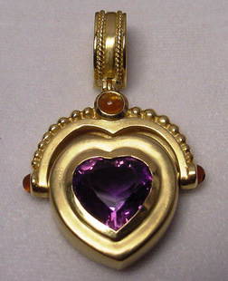 18K Sapphire & Heart Shaped Amethyst Pendant: Title: 18K Sapphire & Heart Shaped Amethyst Pendant Additional Information: Exquisite antique 18K gold necklace pendant centered with an exquisite heart shaped amethyst measuring more than 10 carats.