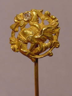 Beautiful Antique Griffin Diamond 18k Gold Pin: Title: Beautiful Antique Griffin Diamond 18k Gold Pin Additional Information: Antique beautifully detailed on the front and back, flying Griffin diamond mouthed stick pin. The Griffin is beautifully