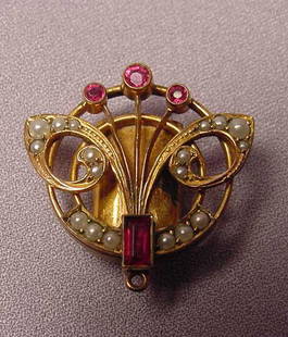 Antique Art Nouveau Pearls Rubies FIX Slide: Title: Antique Art Nouveau Pearls Rubies FIX Slide Additional Information: Beautiful antique Art Nouveau FIX slide with pearls and a simulated rubies. FIX is a French term for heavily gold applied