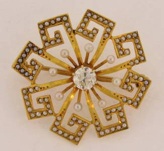 Antique Diamond Marked 14k 112 Pearls Brooch