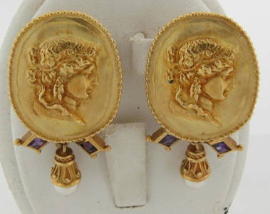 Seiden Gang 18K High Relief Sculptured Classical Women Amethysts Pearls Earclips