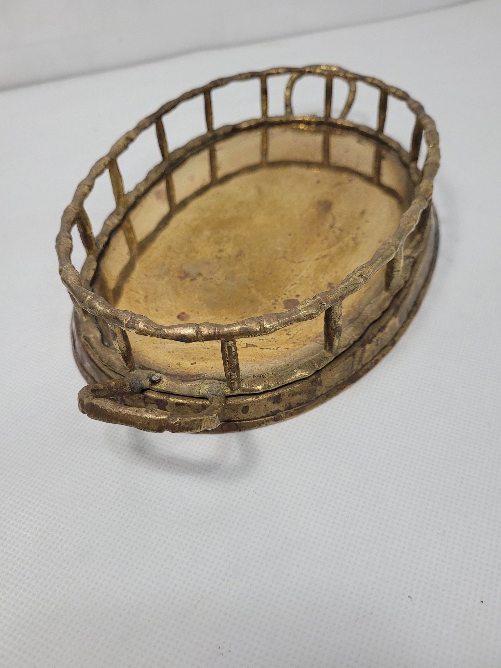 Mini Vintage Brass Faux Bamboo Serving Tea Tray or Asian Oval Vanity Dresser Tray 10" (1 of 4)