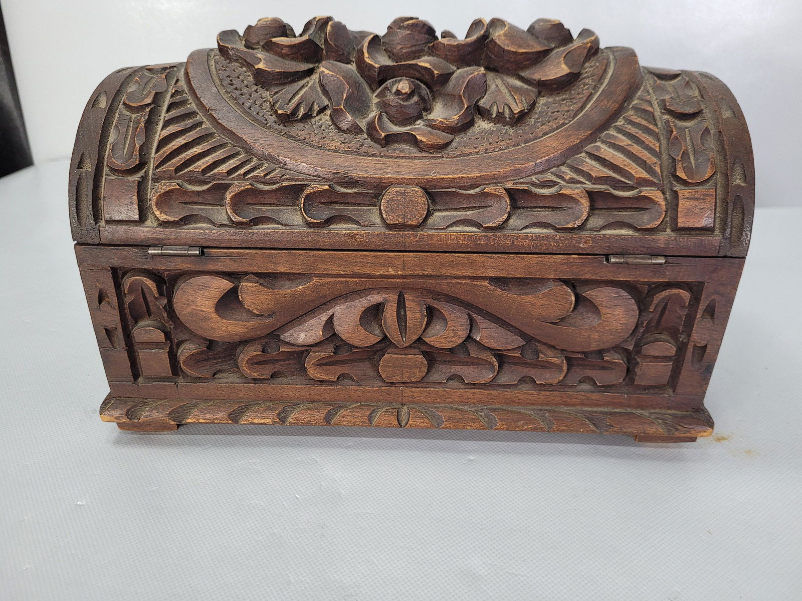 Antique Black Forest Style Hinged Box Hand Carved Wood Dome Chest Treasure Stash Holder (1 of 10)