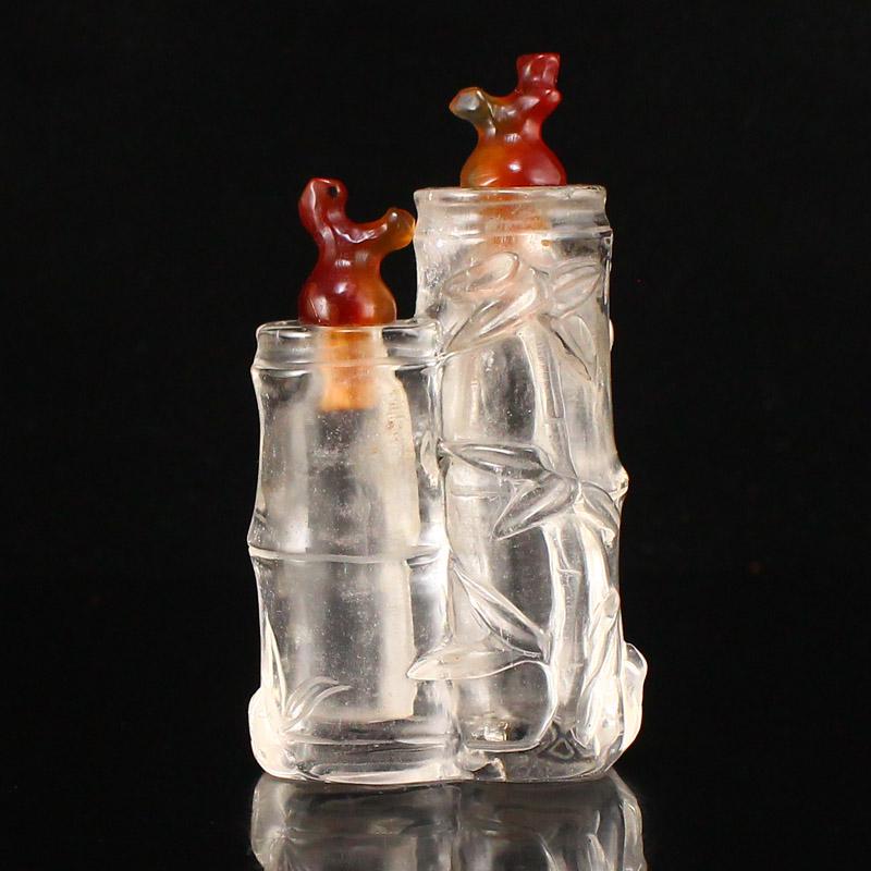 Vintage Chinese Crystal Bamboo Shape Conjoined Snuff Bottle w Red Agate Stopper (1 of 6)