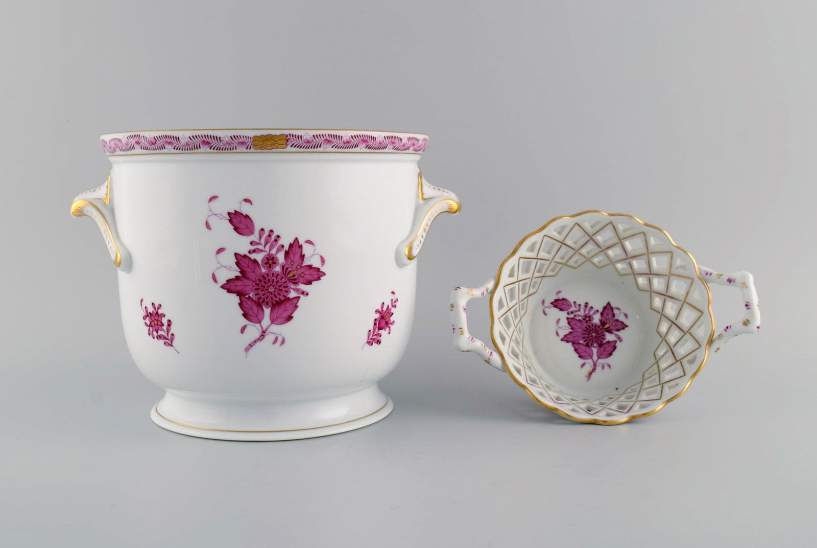 Herend Chinese Bouquet Raspberry. Champagne cooler and small bowl in hand-painted porcelain. (1 of 9)