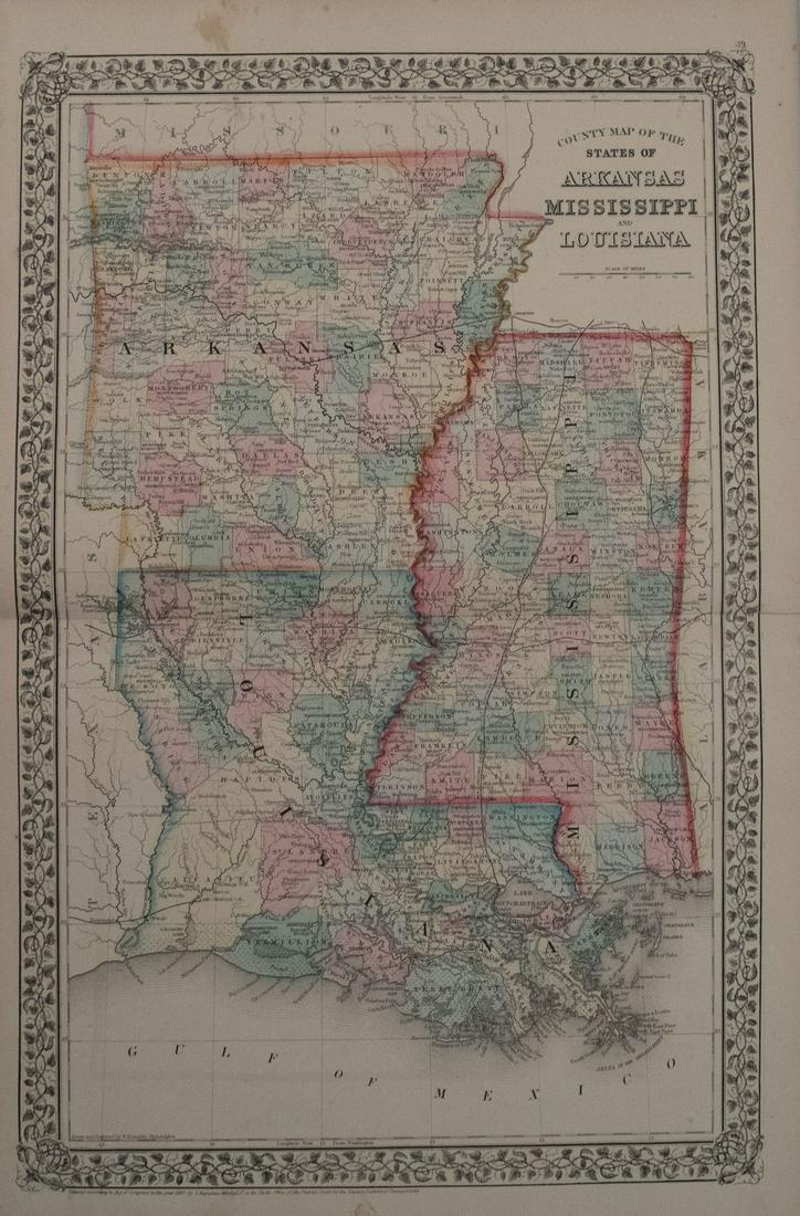 1867 Mitchell Map of Louisiana, Arkansas and Mississippi -- County Map of Louisiana, Mississippi and: Title: 1867 Mitchell Map of Louisiana, Arkansas and Mississippi -- County Map of Louisiana, Mississippi and Arkansas Cartographer: S Mitchell Year / Place: 1867 Philadelphia Map Dimension (in.): 21 x 