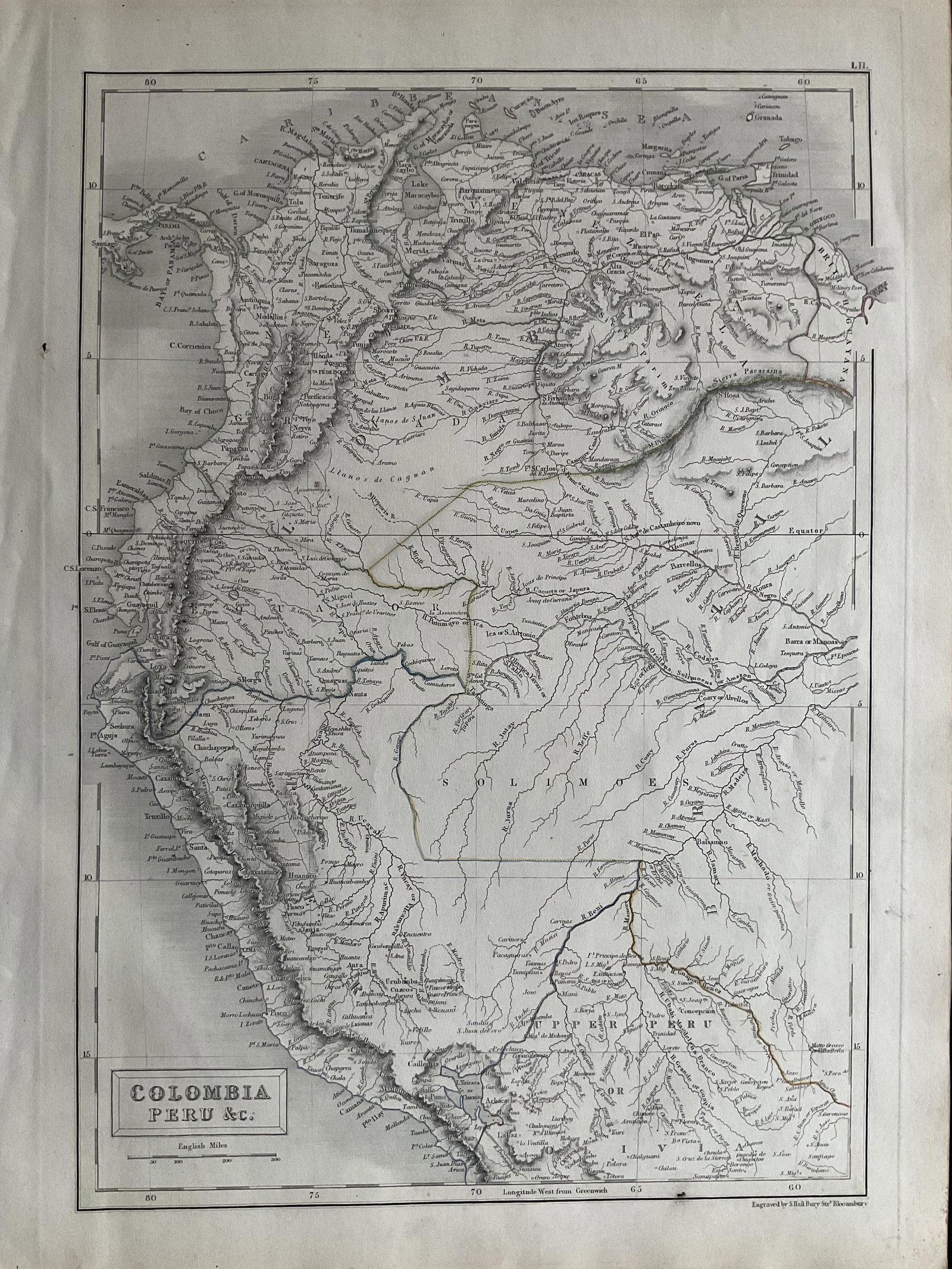 Colombia, Peru with Ecuador and Venezuela. 1846 by A and C Black: Colombia name is still over Ecuador and Venezuela but both countries are also shown independently. Shape of Peru is different. Bolivia still called ‘upper Peru’. 1846. From ‘Black
