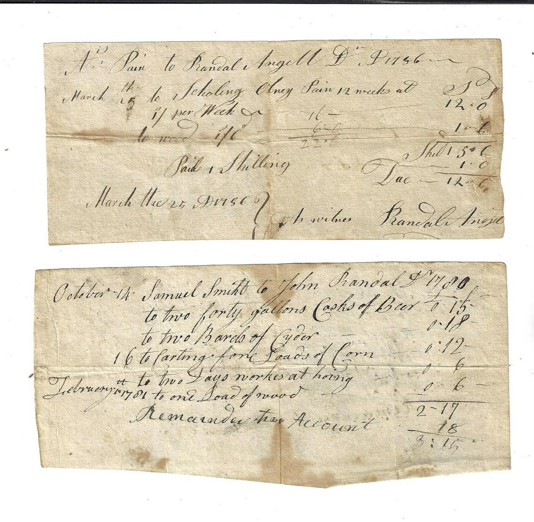 1786 Two Handwritten Receipts Rhode Island (1 of 2)