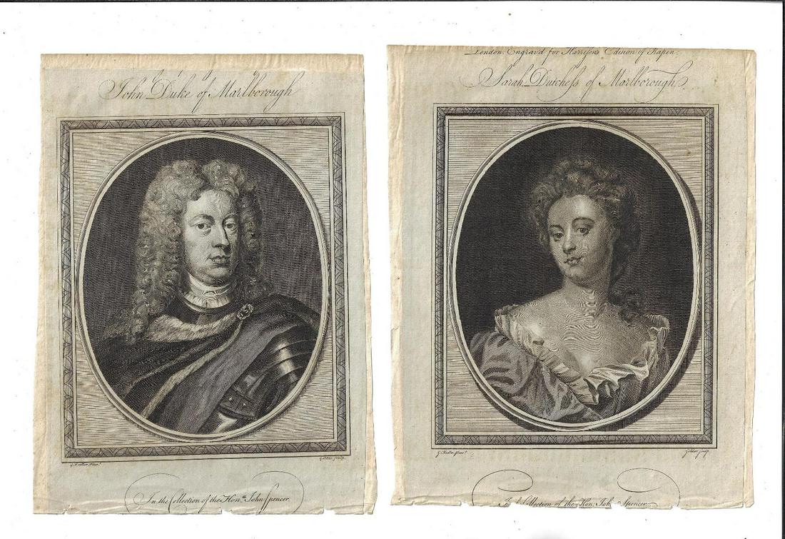 1788 Engravings Duke and Duchess of Marlborough: Two engravingsm John, Duke of Marlborough and Sarah, Dutchess of Marlborough, both printed for George Harrison at London circa 1788. Laid onto paper, trimmed. Each measures 8 x 10". Reserve: $30.00 Sh