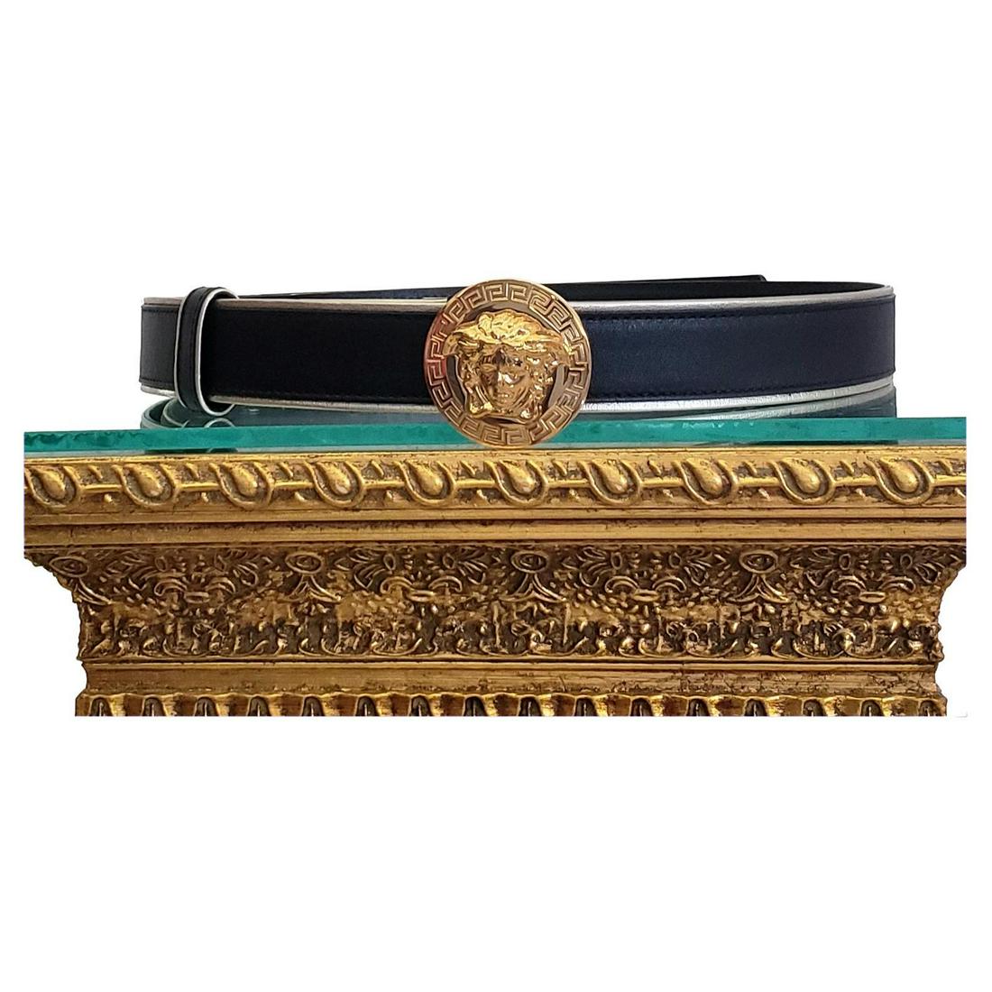 VERSACE BLACK LEATHER BELT w/SILVER LINE TRIMMING GOLD 3D MEDUSA BUCKLE 110/44 (1 of 8)