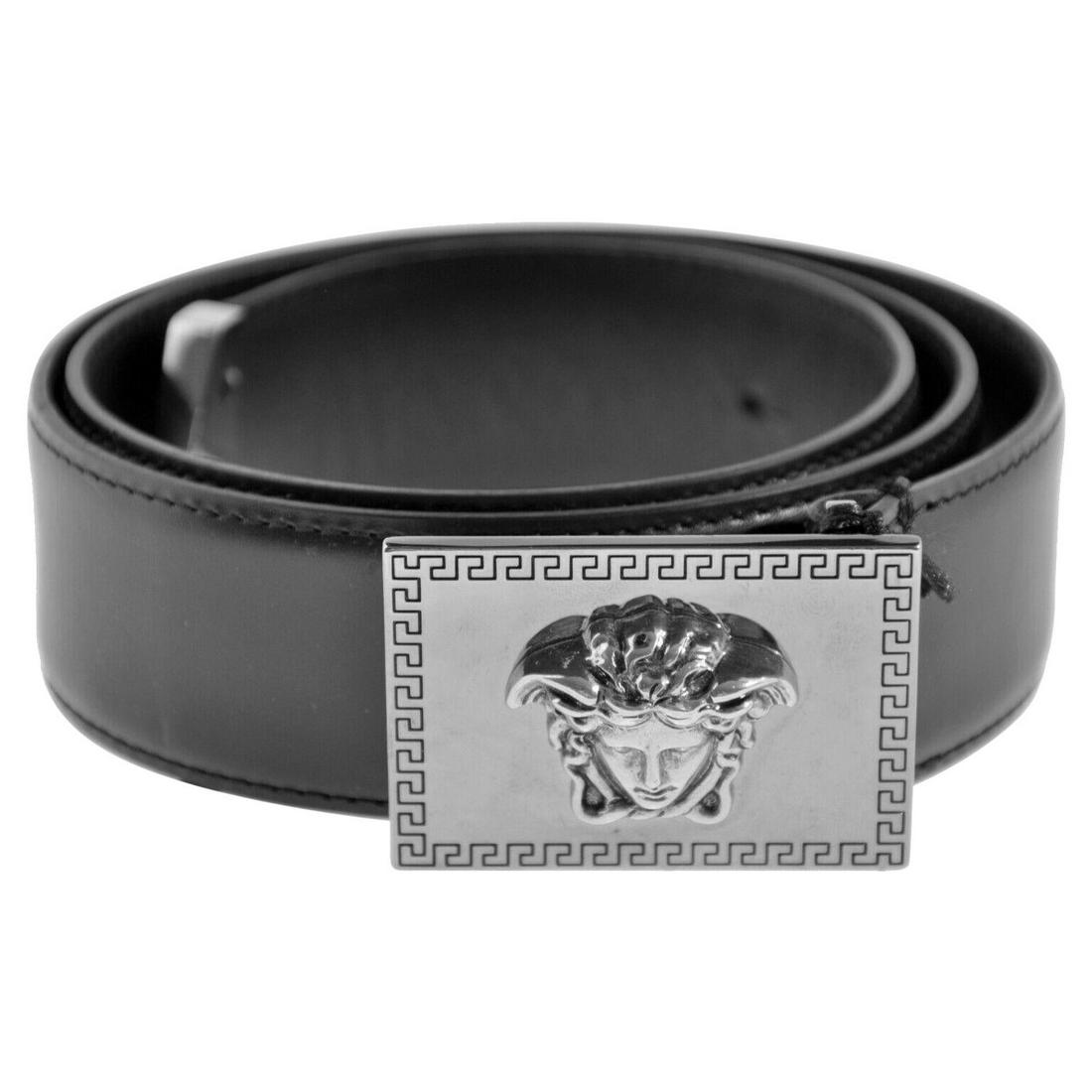 New Versace Black Leather Silver Plated Buckle Greek Medusa