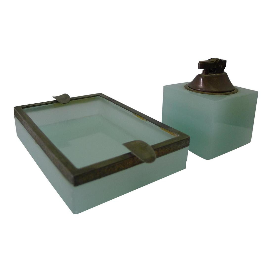 European Case Glass Ashtray & Lighter: Brass and case glass European lighter and ashtray for the collector, c1940s-1950s. The lighter does not work because there is no fluid, so may only function for decorative purposes. Lighter measures 3