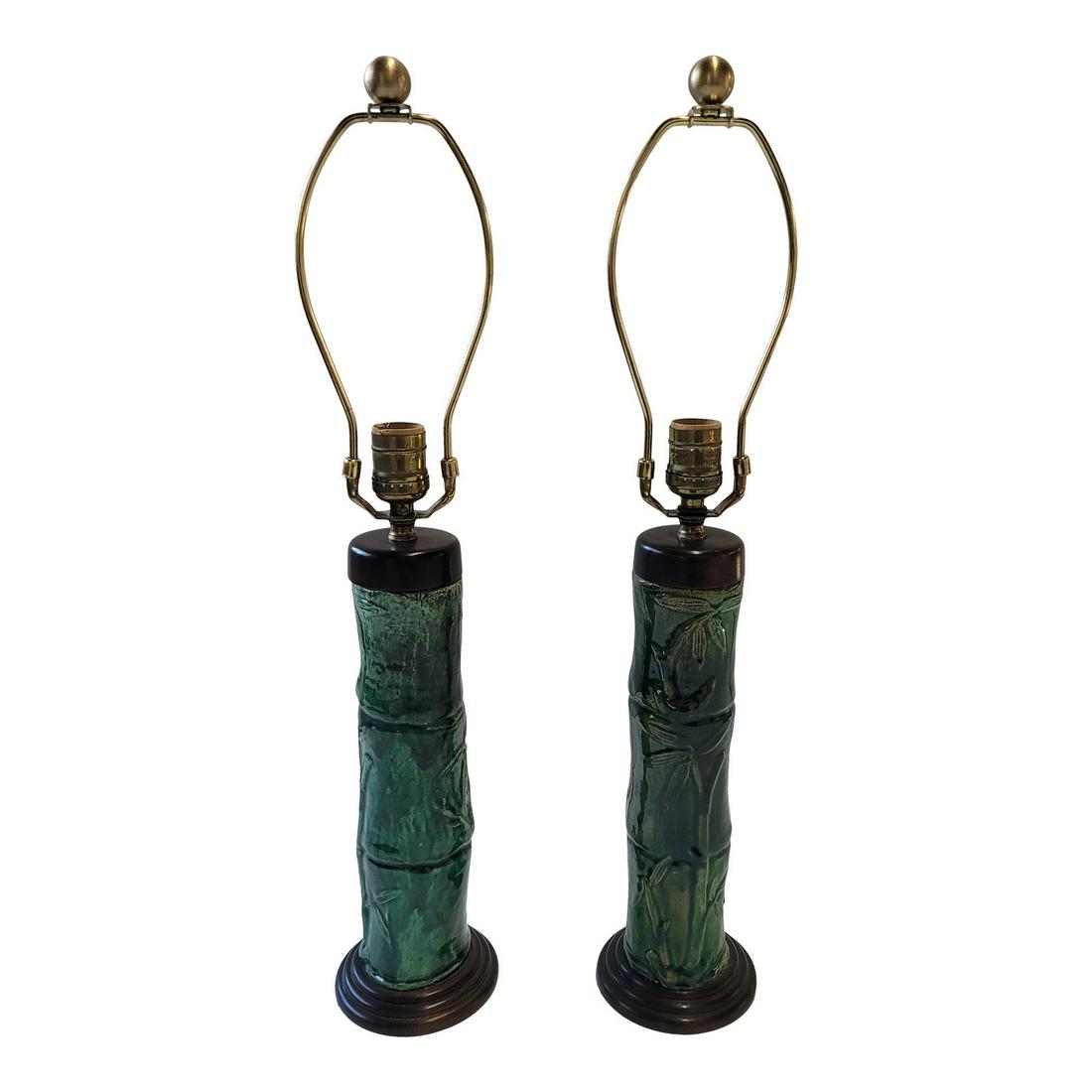 1970s Faux Bamboo Green Glazed Ceramic Lamps - a Pair (1 of 6)