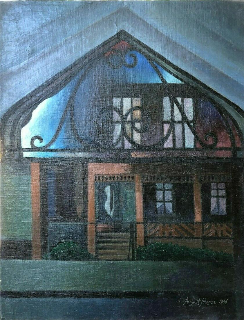 Doorway to my House Modernist Oil Painting-1946-August Mosca: This is a 28 by 22 inch oil painting on canvas entitled "Doorway to my House." It is a night scene of the artist's house at that time. It was done in 1946 by New York modernist August Mosca (1909-2002