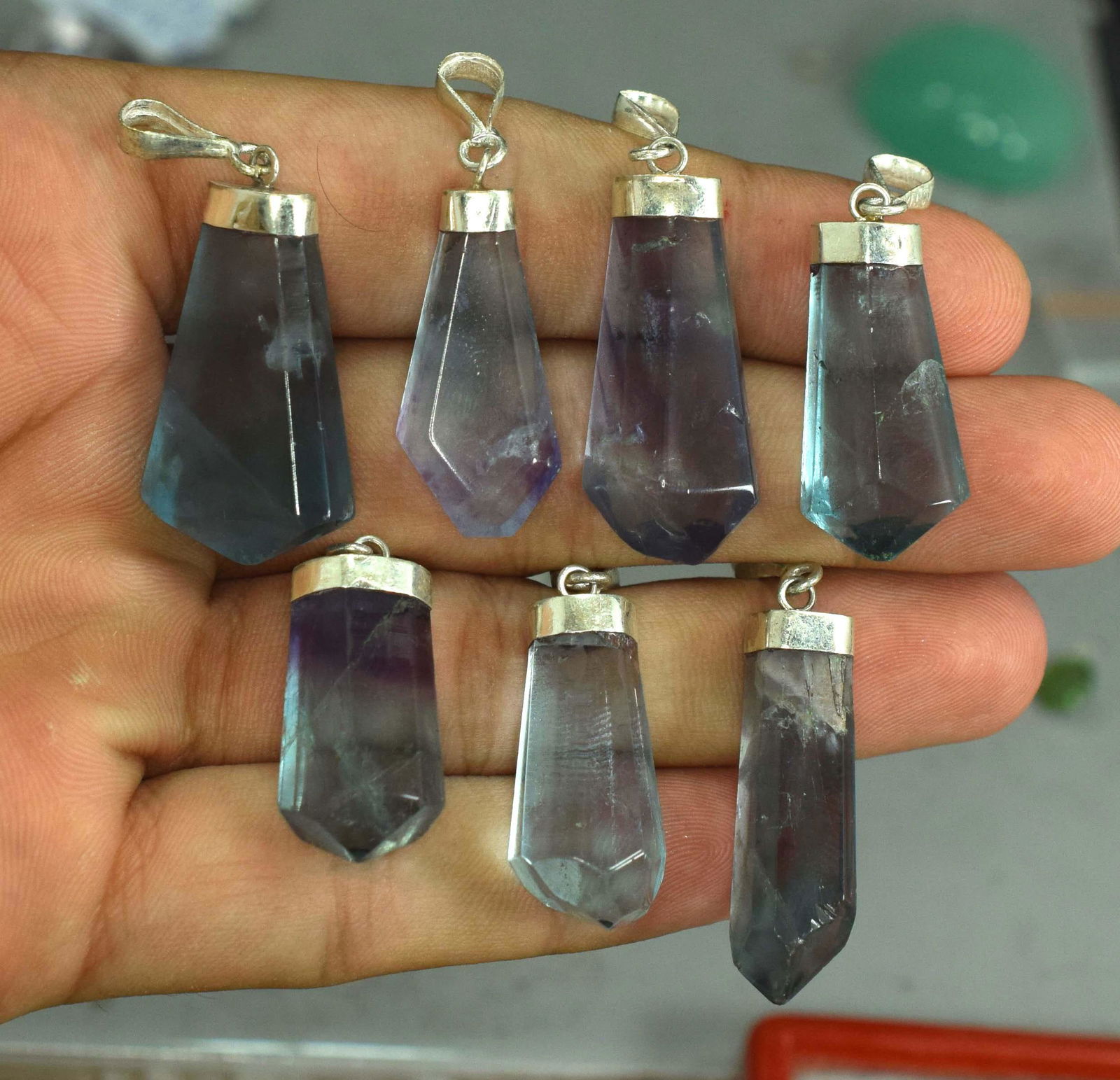 Polished Fluorite Pendants With Sterling Silver Caps - Purple And Blue Color - 7 Pieces (1 of 5)
