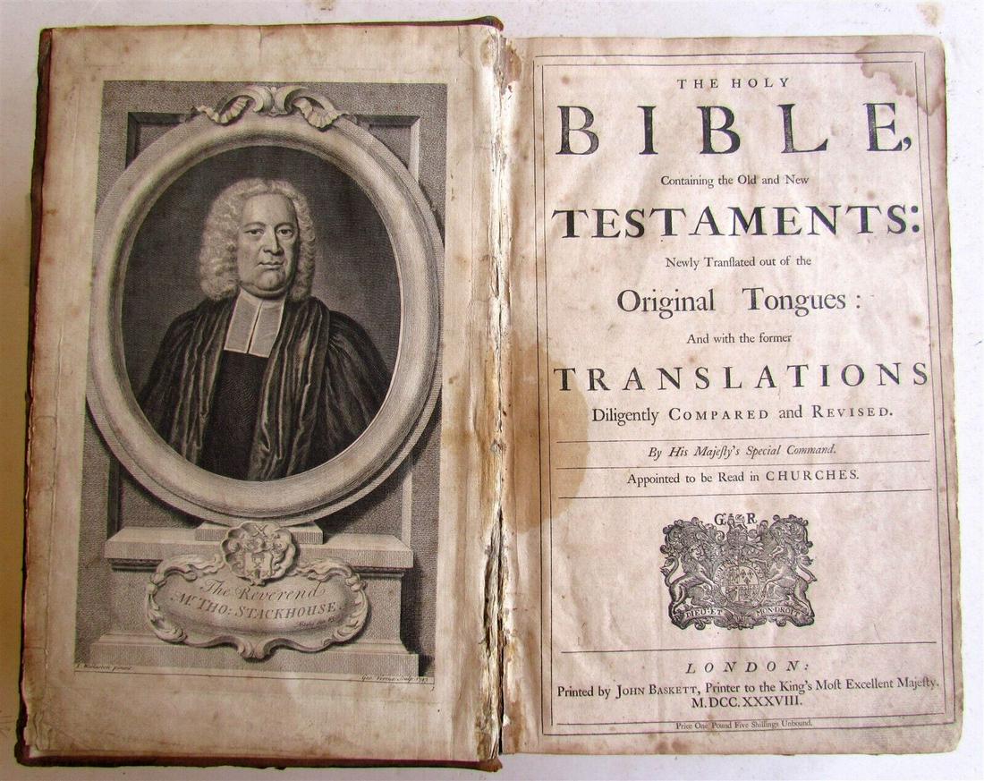 1738 BIBLE in ENGLISH by John Baskett ANTIQUE FOLIO ILLUSTRATED w/ MAPS: THE HOLY BIBLE CONTAINING THE OLD AND NEW TESTAMENTS : Newly translated out of the original Tongues, and with the former translations diligently compared and revised. London, printed by John Baskett ;