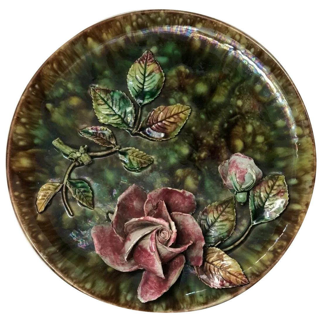Beautiful Majolica Art Nouveau High Relief Pink Rose Green Foliage Wall Plate: Title: Beautiful Majolica Art Nouveau High Relief Pink Rose Green Foliage Wall Plate Description: Beautiful Antique Rare Majolica High Relief Rose Foliage Wall Plate Plaque 1 Beautiful Rare Antique Ar
