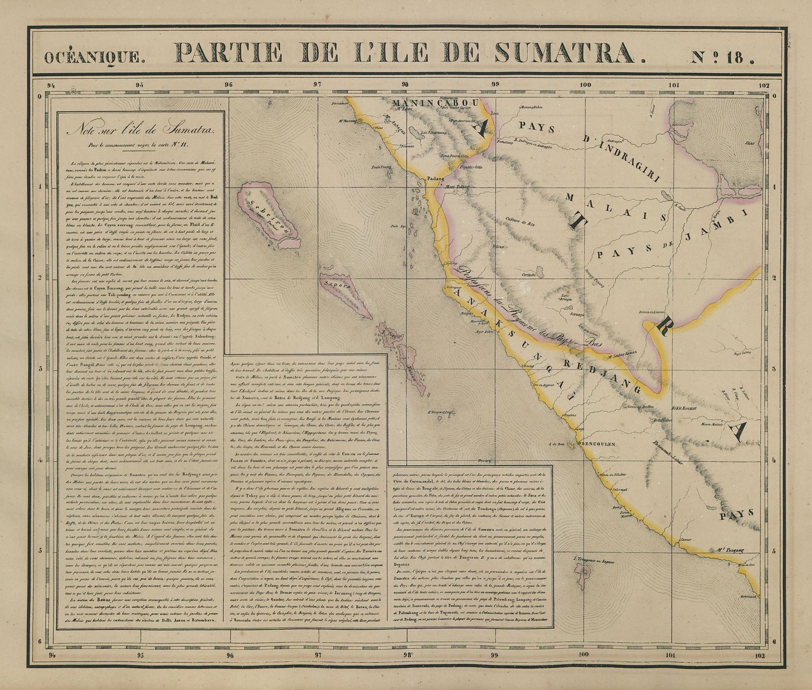 Océanique. Partie de l'ile de Sumatra #18. West Sumatra. VANDERMAELEN 1827 map: TITLE/CONTENT OF MAP: Océanique - Partie de l'ile de Sumatra [Note sur l'île de Sumatra] - No. 18 Western Sumatra, Siberut and the Mentawai Islands, Indonesia DATE PRINTED: 1827 IMAGE SIZE: 