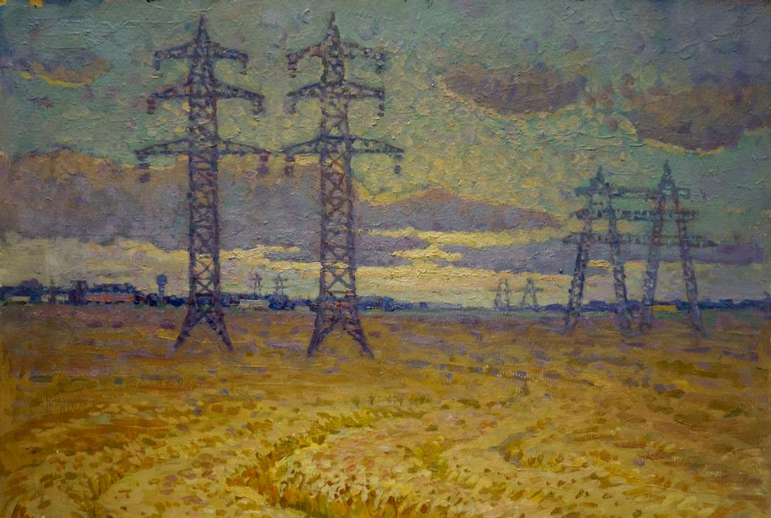 Oil painting Landscape with high voltage towers Ruban Grigory Savelievich (1 of 8)