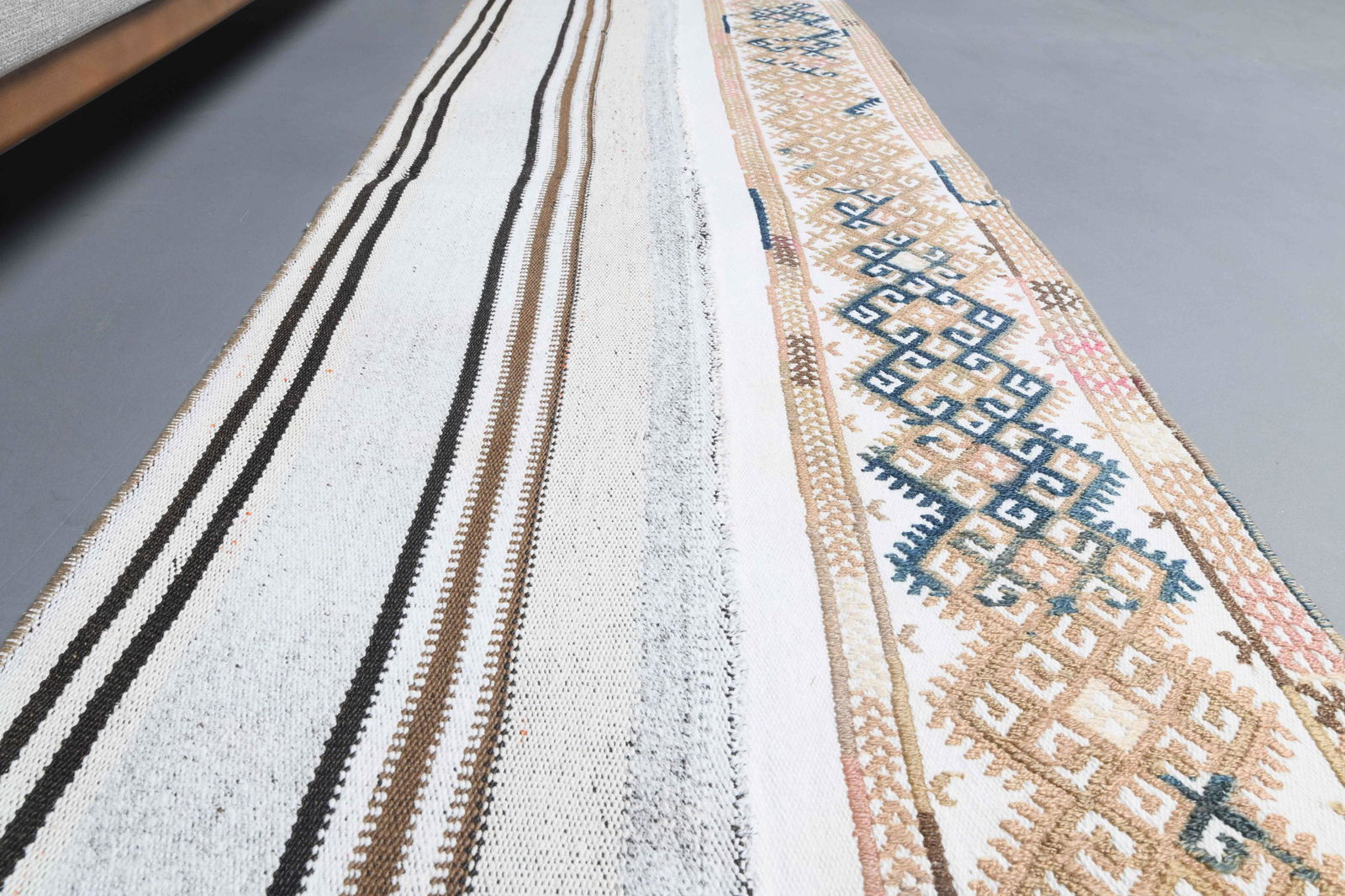 2'1 x 8'4 Ft Turkish Kilim Antique Rug: Title: 2'1 x 8'4 Ft Turkish Kilim Antique Rug Date/Period: 1960 - 1970 Origin: Turkey Dimension: 2'1 x 8'4 ft ║ 65x255 cm Materials: Wool and Cotton Provenance: This one-of-a-kind Vintage Flatwe