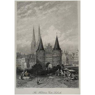 The Holsten Gate in Lubeck: Engraving of the Holsten Gate Lubeck (Germany). Artist: after Carl Friedrich Heinrich Werner (1808 – 1894) Engraver: John Godfrey (1817-1889) Image size: 21,5x15,2 cms. In good condition. Reserv