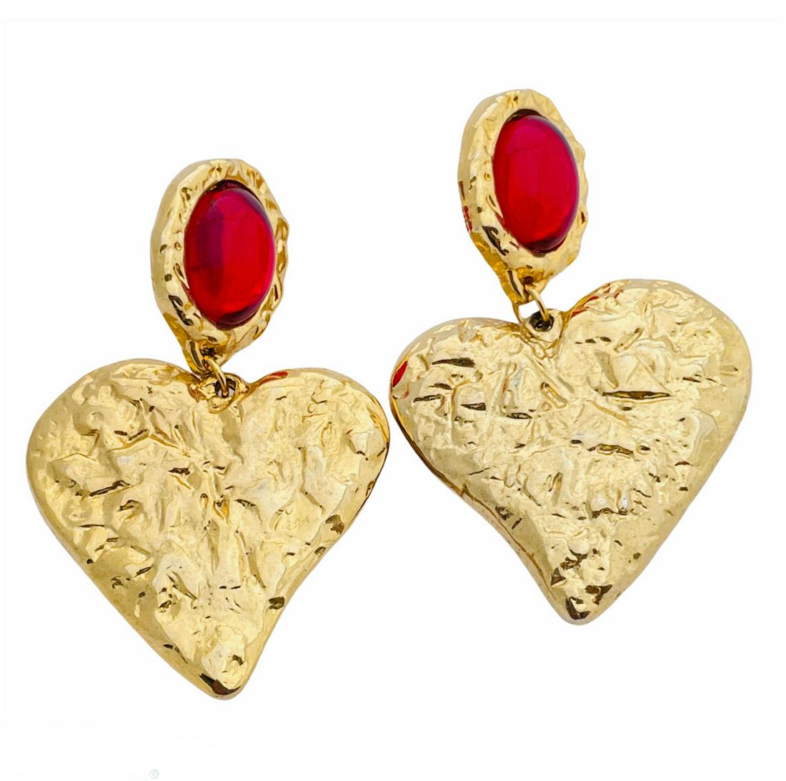 Vintage red cabochon dangle gold heart earrings (1 of 3)