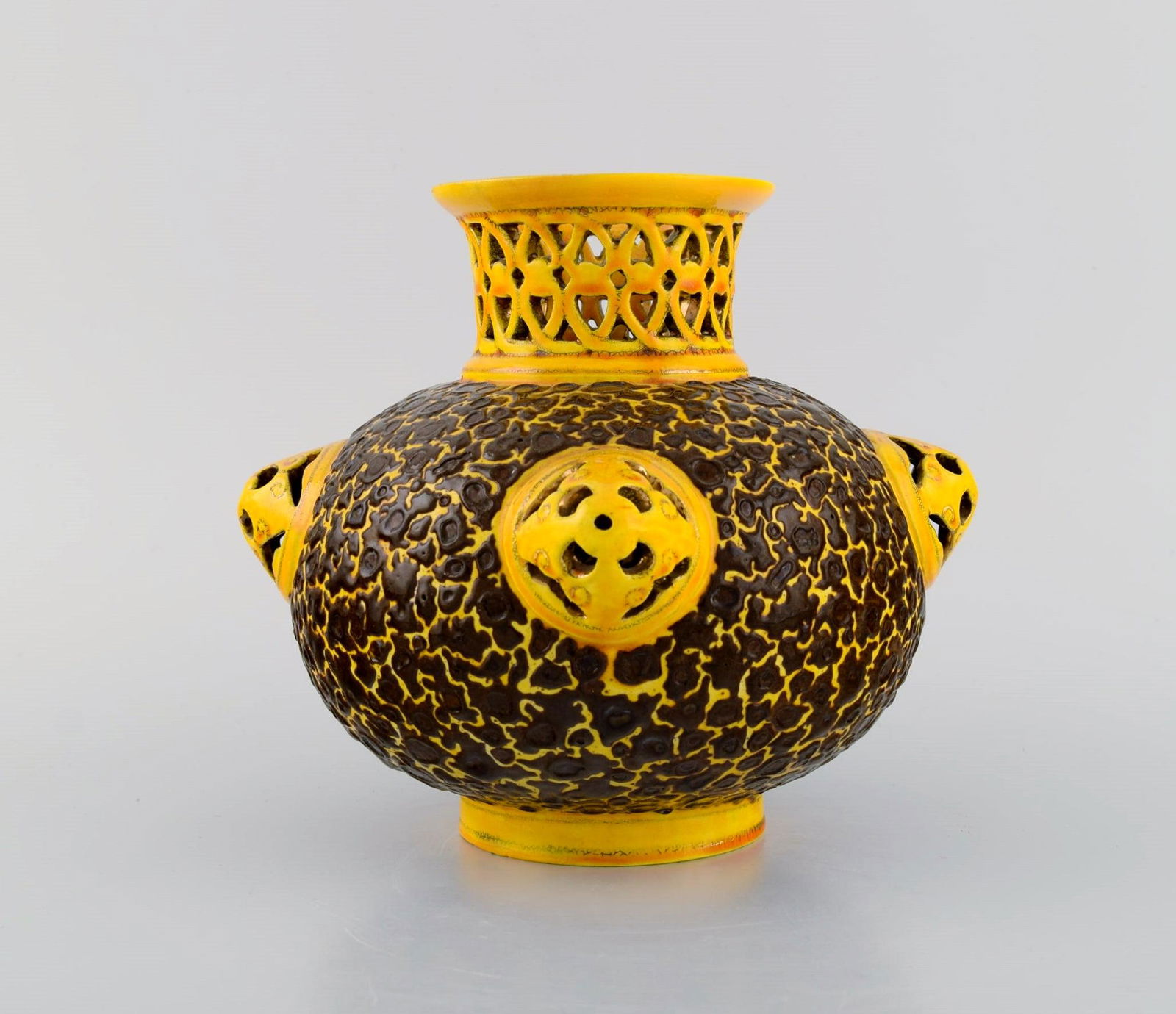 Antique Zsolnay Vase In Openwork Glazed Ceramics. Beautiful Glaze In Yellow And Brown Shades. Dated