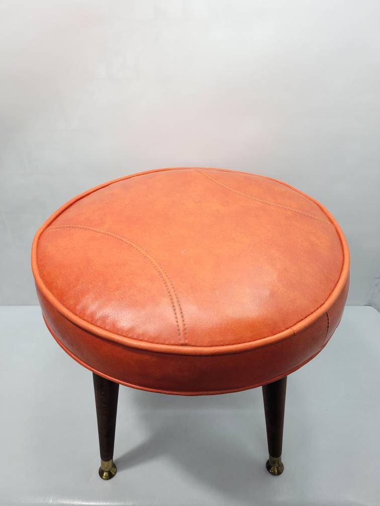 Mid Century Footstool Orange with Wooden Legs Round Stool Vintage Home Decor (1 of 9)