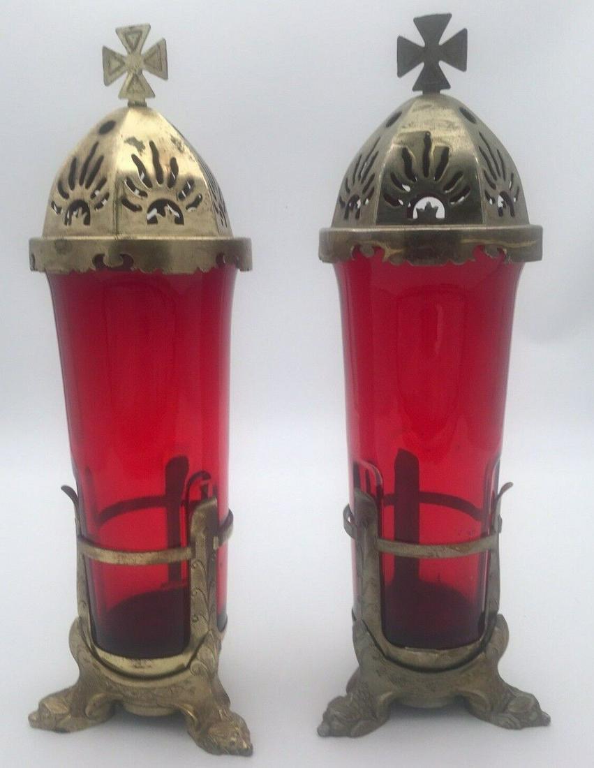 ANTIQUE SANCTUARY CHURCH CANDLE LAMPS CAST METAL RED GLOBES A GROSS BALTIMORE (1 of 6)