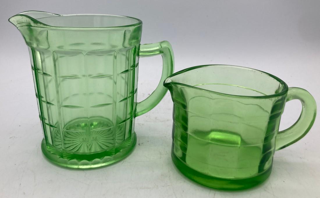 VINTAGE HAZEL ATLAS BLOCK OPTIC Uranium Depression Glass SMALL PITCHER and CREAMER (1 of 7)