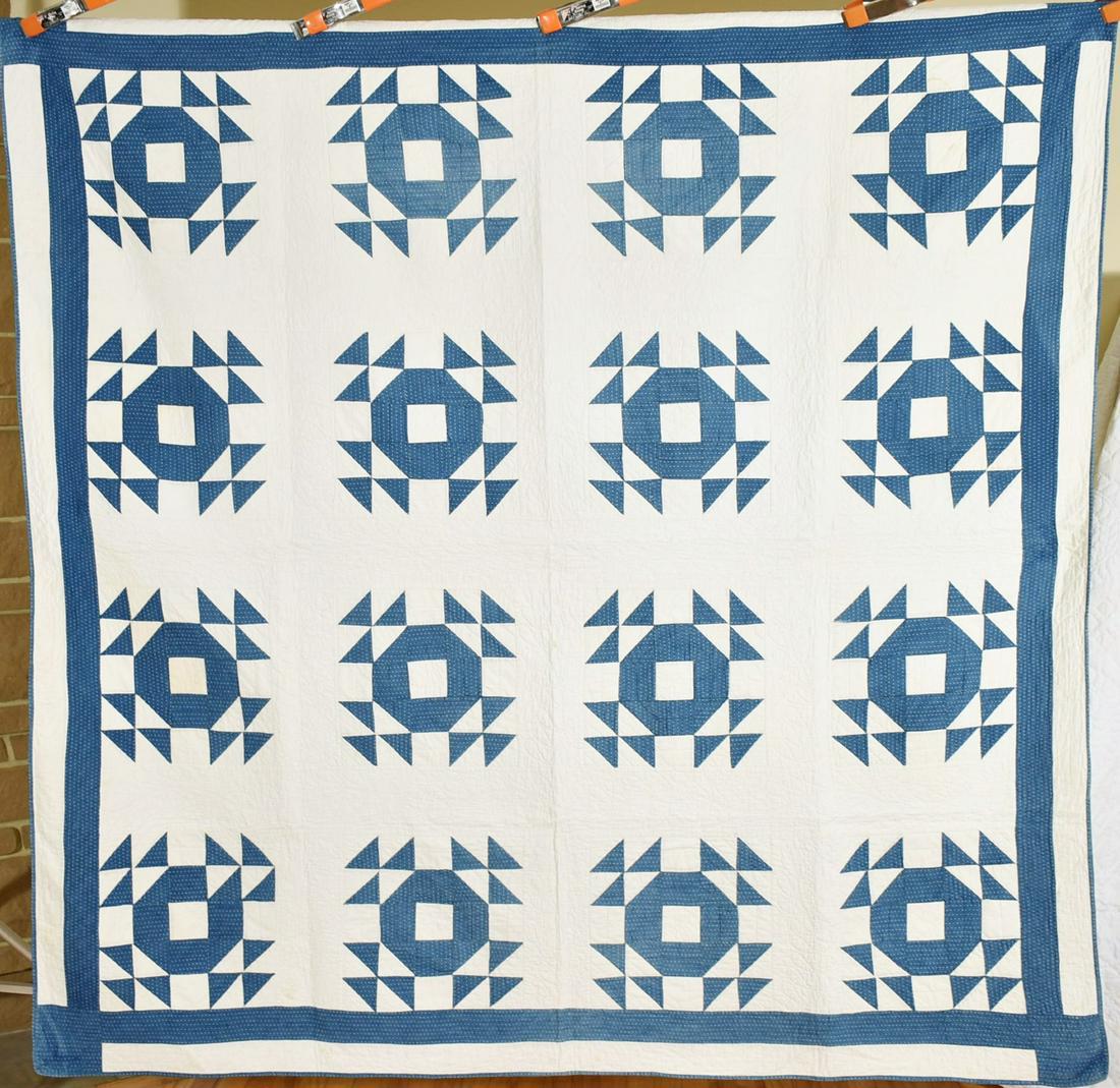 1870's Blue & White Geese in the Pond Quilt: Title: 1870's Blue & White Geese in the Pond Quilt Origin: Pennsylvania Material: Cotton Dimension [INCHES]: 80" X 80" Provenance: 1870's blue and white "geese in the pond" quilt, all hand pieced and 