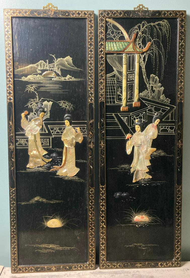 2 BLACK LACQUERED MOTHER OF PEARL GEISHA 3D WALL ART PANELS MADE IN MACAU 36X12 (1 of 9)