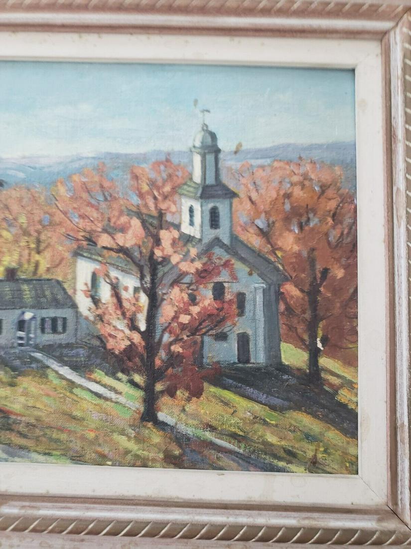 Oil painting New England church scene 1950 unsigned: Great looking piece in excellent condition. Has a great look. I have been selling a lot of paintings. I choose great colors lighting and subject. Dates to 1930 to 1950. Measures approximately 9 x 12 "