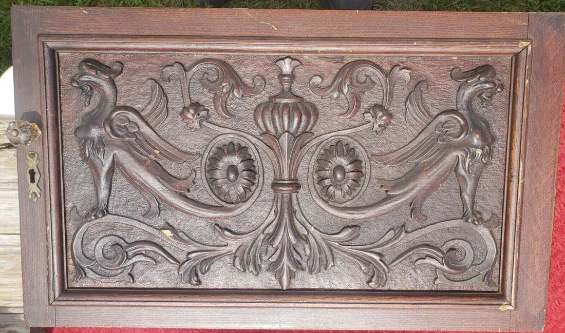 Antique pediment panel oak wood griffins 1890's (1 of 3)