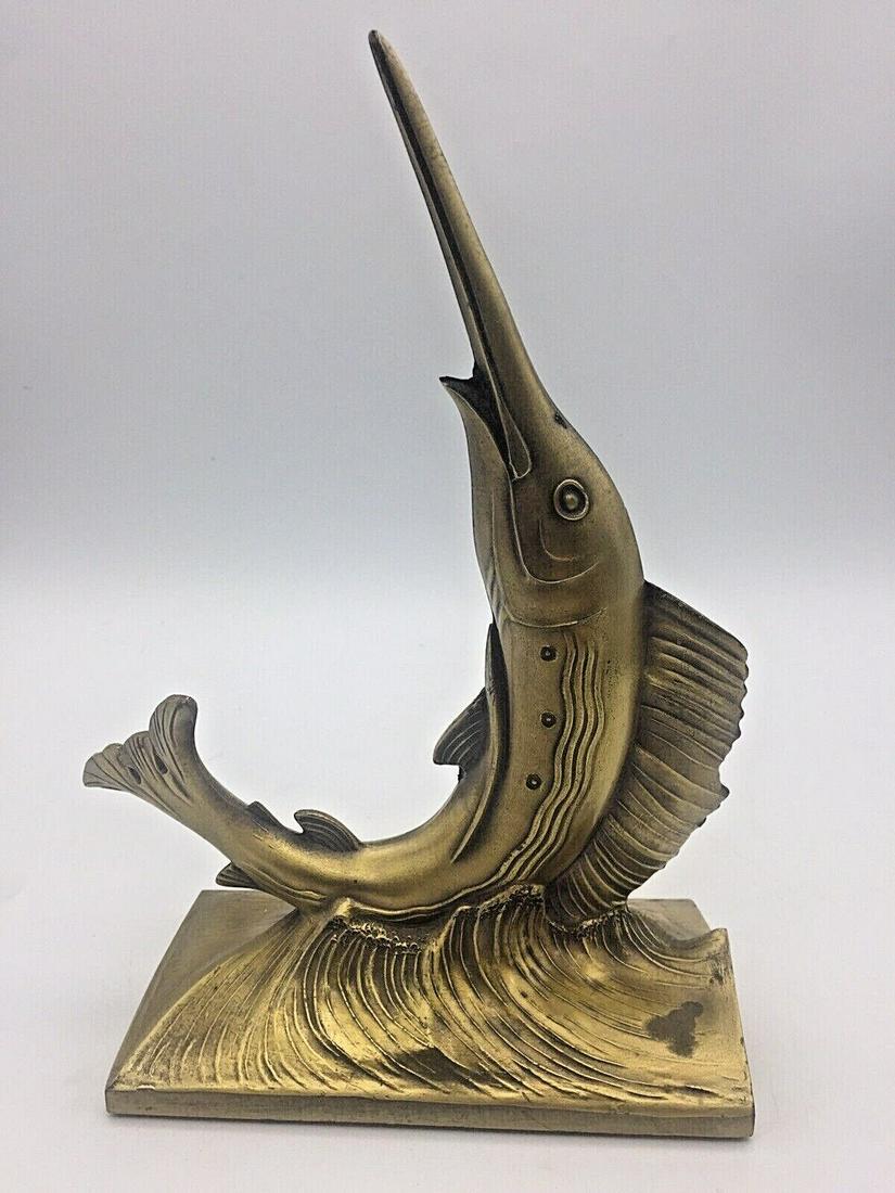 Vintage Jumping Swordfish Bookend Solid Brass Marlin Fish MCM Nautical (1 of 4)