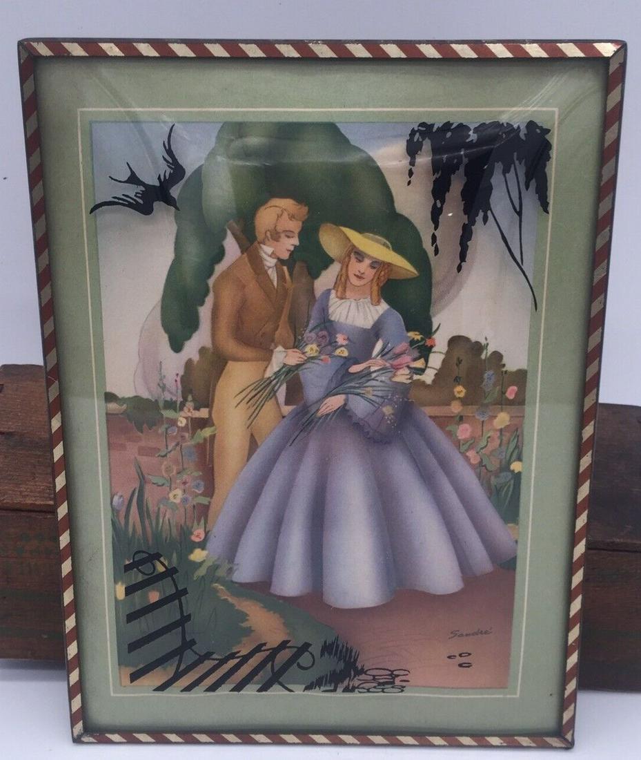 VINTAGE COURTING REVERSE PAINTED SILHOUETTE PICTURE CONVEX GLASS SANDRE Morris & Bendien NEW YORK (1 of 4)