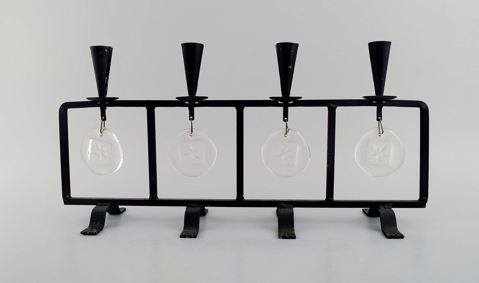 Erik Höglund for Kosta Boda. Candlestick in cast iron with mouth-blown glass hangers. Swedish d (1 of 6)