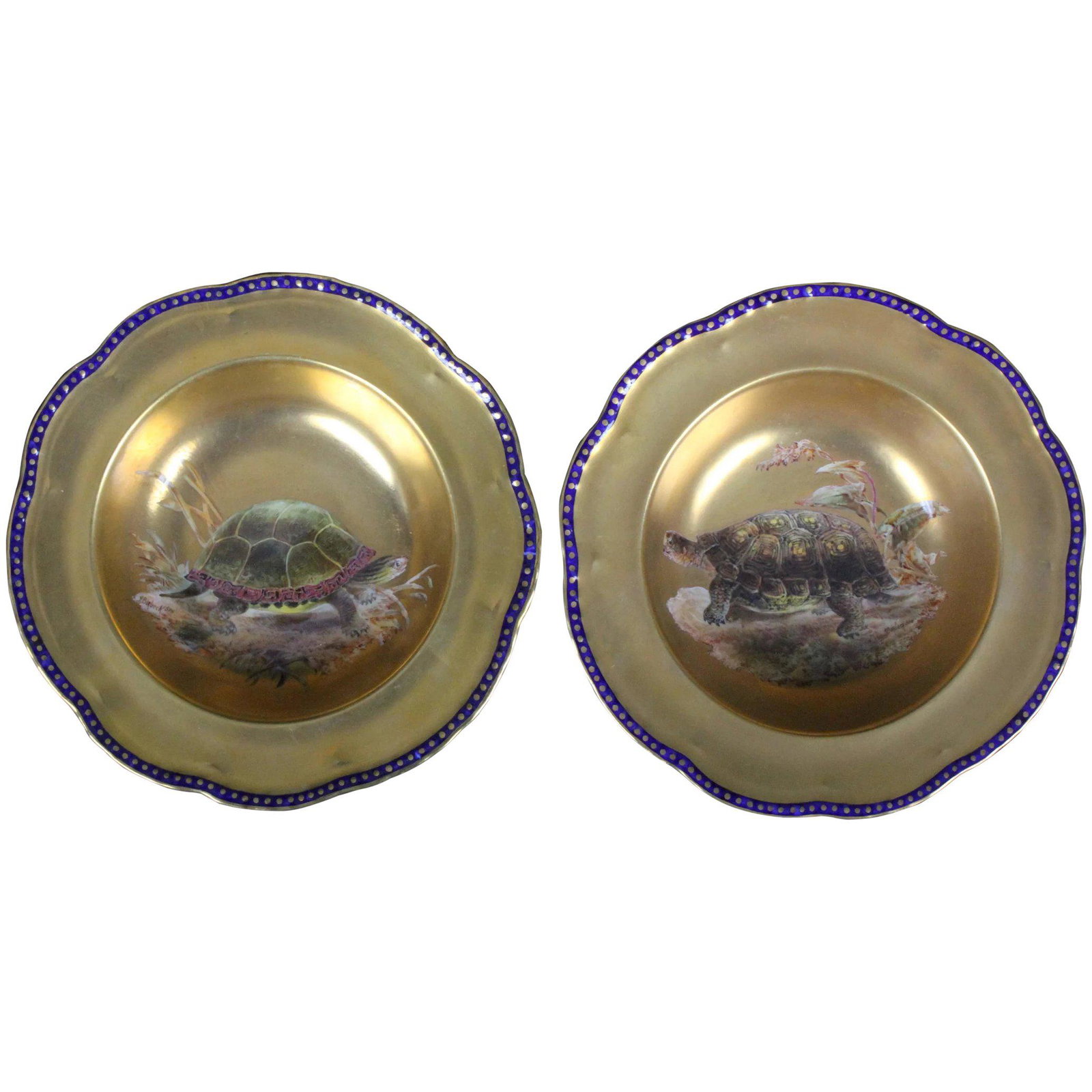Pair of Antique English Hand-Painted Gilt Turtle Soup Bowls (1 of 6)