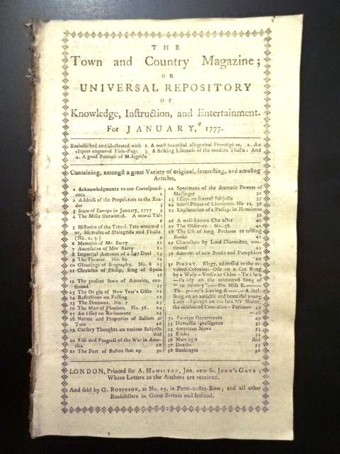 1777 Magazine Revolutionary War: The January 1777 issue of "The Town and Country Magazine or Universal Repository…", printed at London for A. Hamilton, 56 pages complete with one engraving present. Revolutionary war content inc