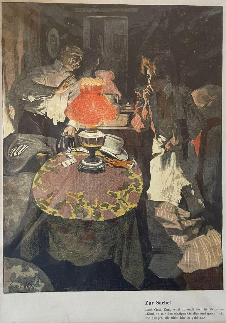 1908 Matted Original German Lithographic Print "Zur Sache" (1 of 2)