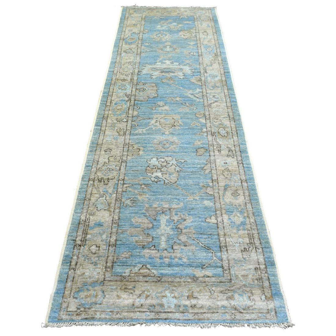 Light Blue Afghan Angora Oushak Hand Knotted Pure Wool Runner Rug (1 of 6)