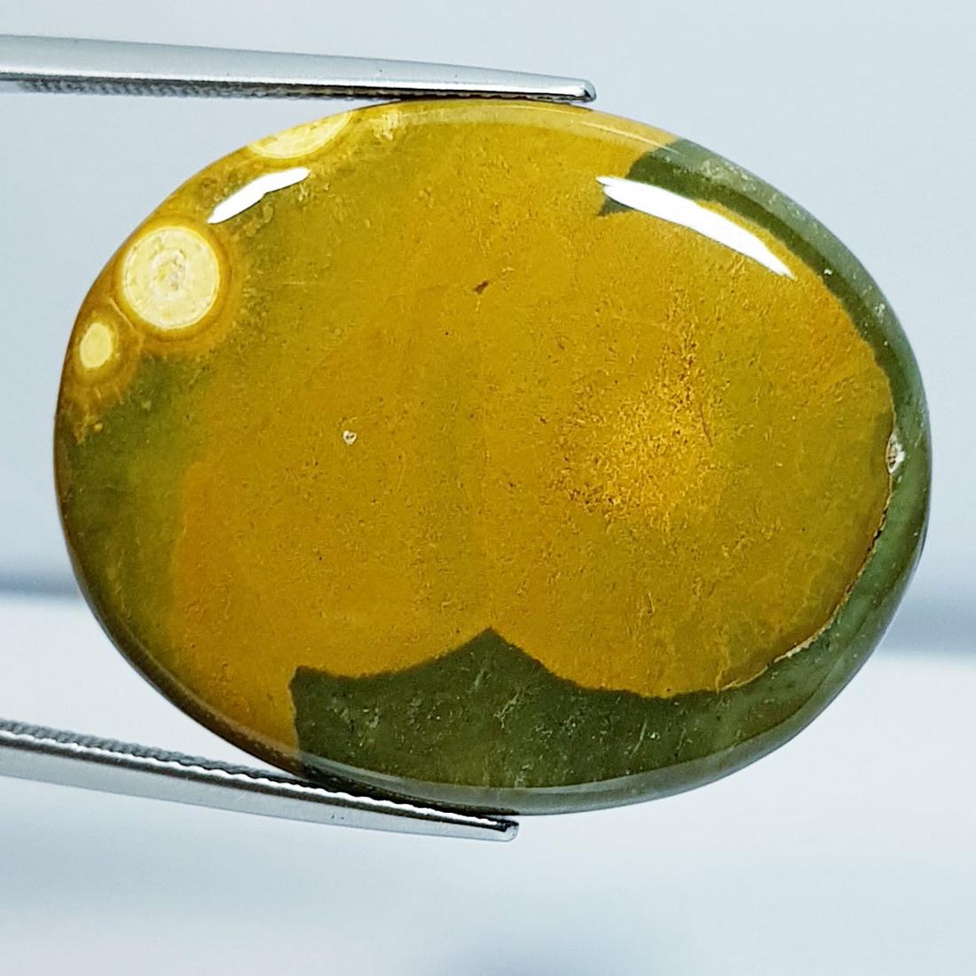 42.50 ctz Natural Occean Jasper: No Reserve! Title: 42.50 ctz Natural Occean Jasper Color/Clarity: Yellowish Green / Opaque Gemstones: Jasper Carat Weights: 42.5 Size/Dimensions: 33.55 x 27.40 x 5.50 Additional Information: Oval / Br