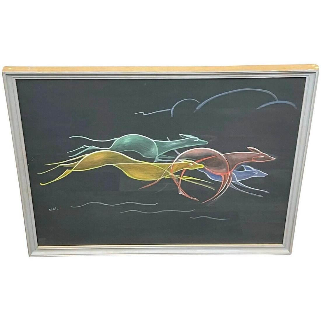 Scottish Gouache Painting Pack Greyhounds Racing Signed Wendy Wood 1892-1981 (1 of 12)