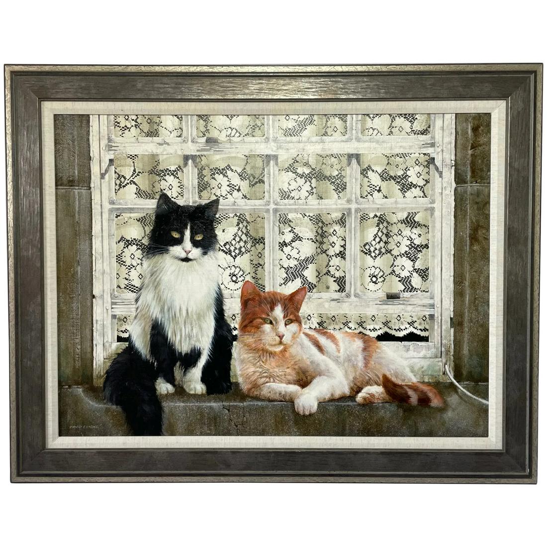Cute Oil Painting Cats Sitting "Watching The World Go By" Signed David C Lyons (1 of 12)