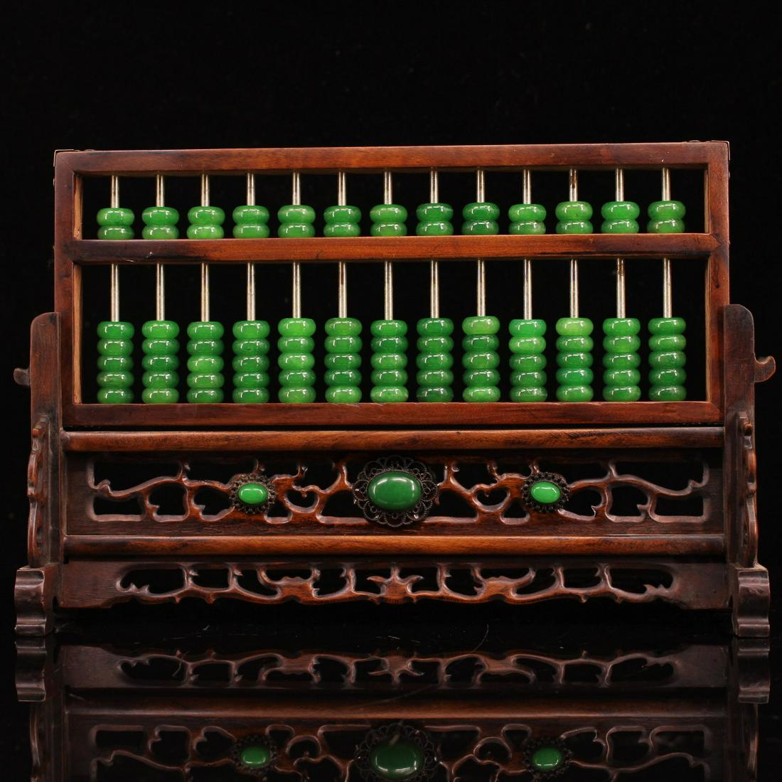 Vintage Chinese Zitan Wood Inlay Green Jade Beads Abacus Screen: Title: Vintage Chinese Zitan Wood Inlay Green Jade Beads Abacus Screen Date Period: After 1900 Origin: Chinese Materials: Zitan Wood , Jade Dimensions: 340 x 225 x 90(mm) 13.39 x 8.86 x 3.54(inches) W