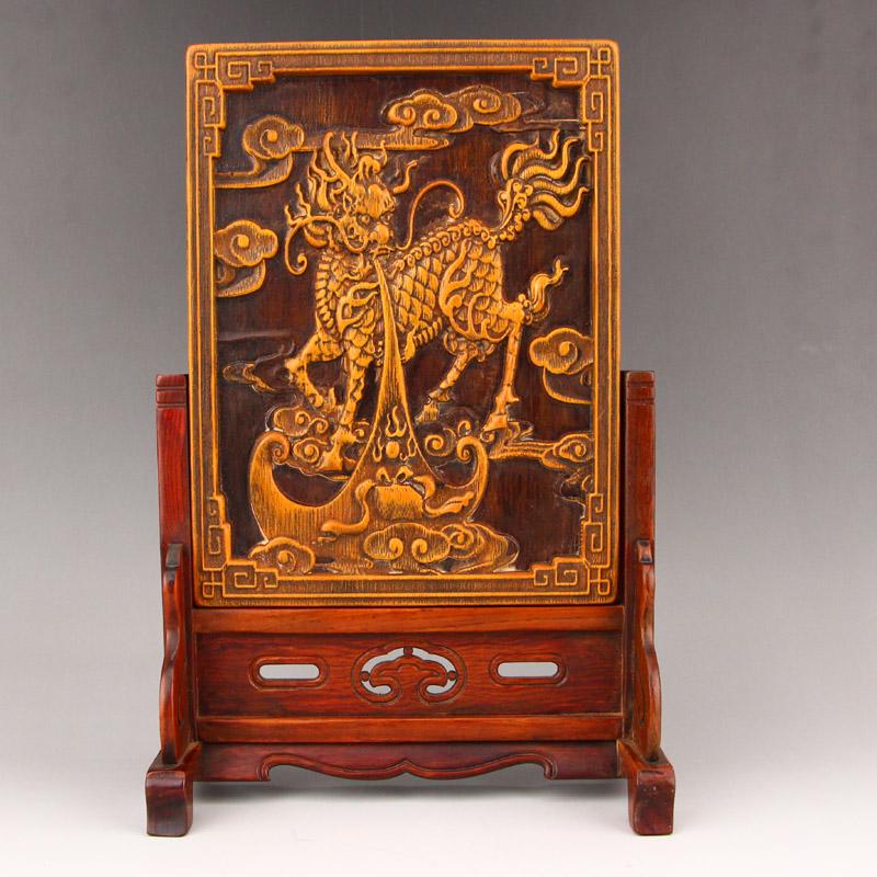 Vintage Chinese Zitan Wood Inlay Bamboo Fortune Kylin Screen: Title: Vintage Chinese Zitan Wood Inlay Bamboo Fortune Kylin Screen Date Period: After 1890 Origin: Chinese Materials: Wood Bamboo Dimensions: 223 x 170 x 11 (mm) 8.78 x 6.69 x 0.43(inches) Dimension: