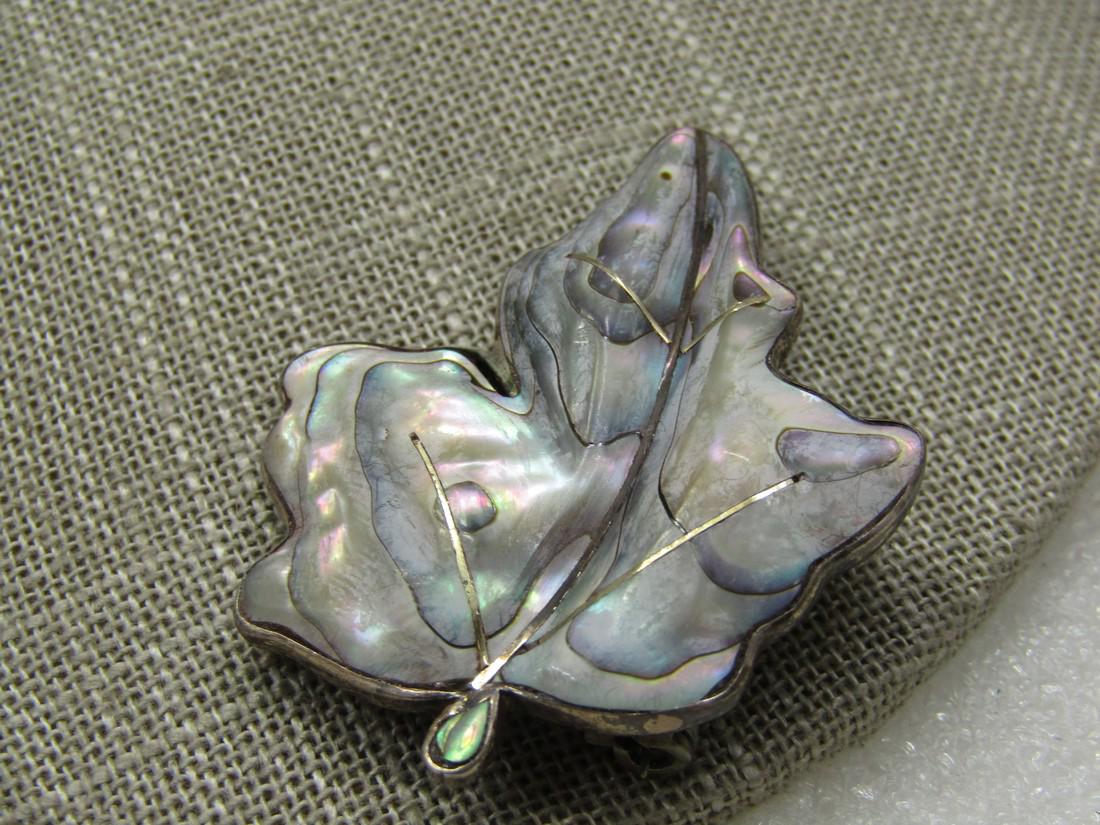 Vintage Sterling Taxco Carved Abalone Leaf Brooch, 2" (1 of 6)