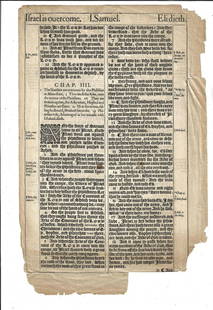 1611 King James Bible Leaf Eli: A leaf from "The Holy Bible, conteyning the Old Testament, and the New Testament.. " Imprinted at London : By Robert Barker, 1611, Leaf from I Samuel on the death of Eli. Identified as leaf 2B4v. Tatt