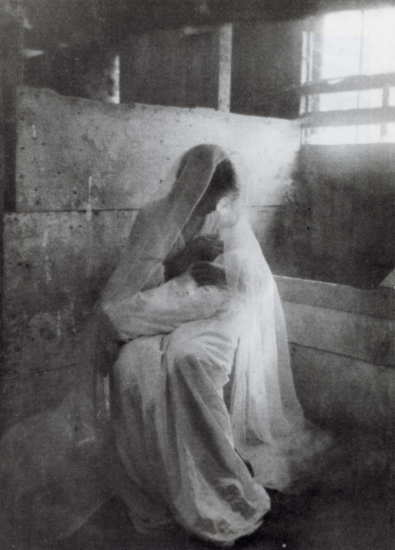 GERTRUDE KASEBIER - The Manger, 1899: Artist: Gertrude Kasebier Title: The Manger, 1899 Medium: Photo Litho, 1989, USA Dimensions: 5.5x7.7" Description: Heat Wax Mounted on 8.5x11" Conservation Board Artist Bio: Gertrude Kasebier (1852 -