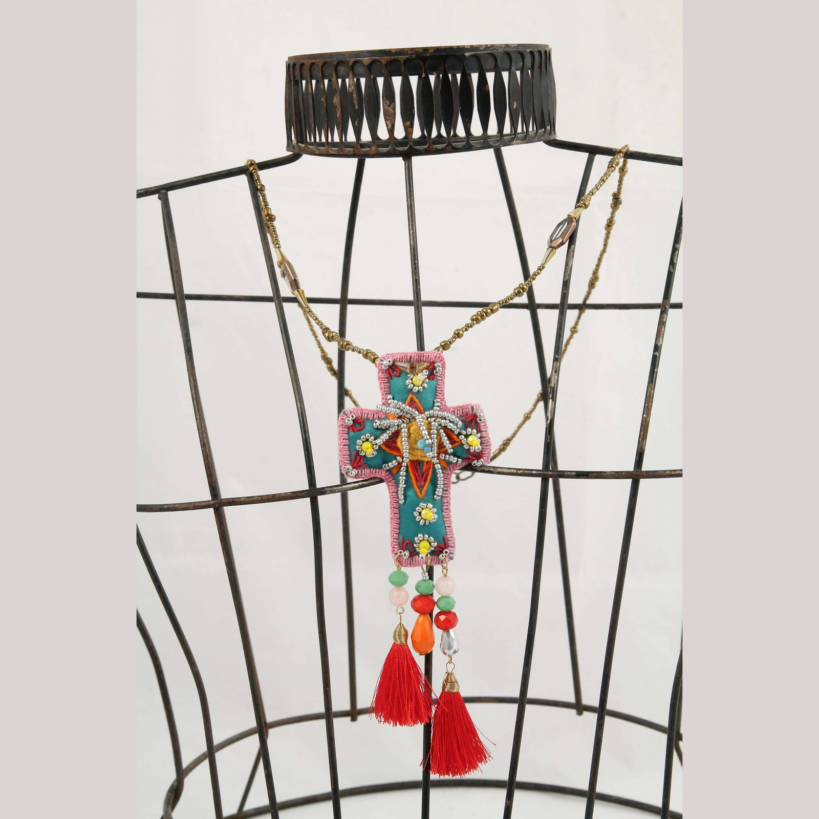 Handcrafted Cloth Cross Necklace Wearable Art/Jewelry Mexico Folk Art Embroider (1 of 6)